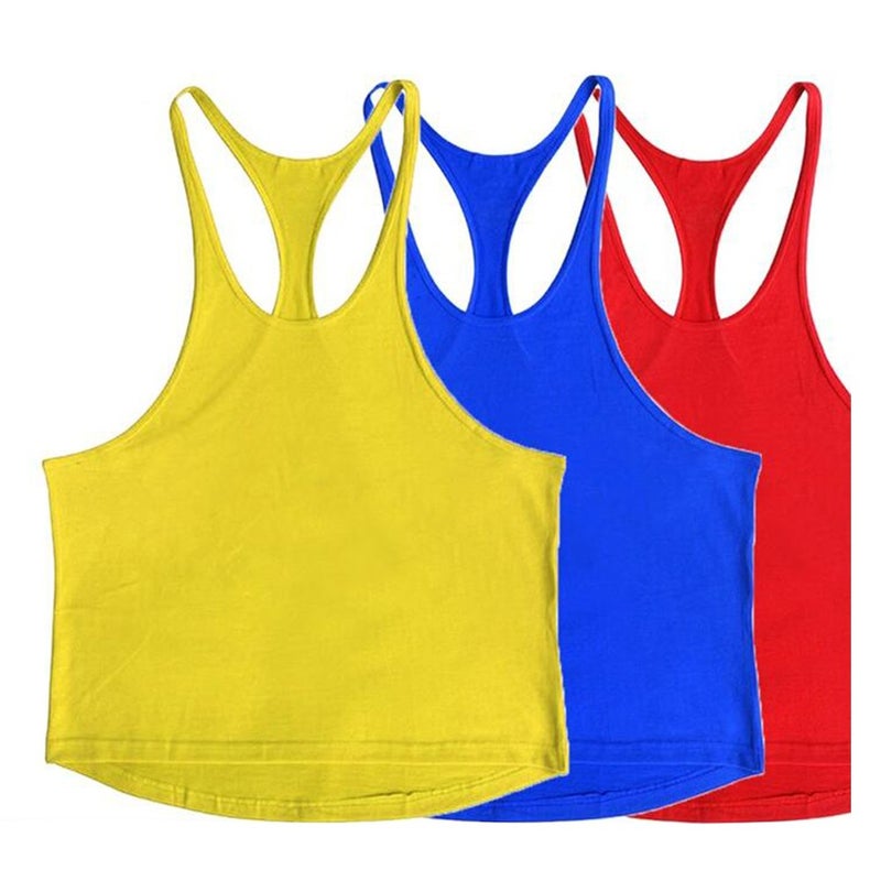 ZUEVI Men's Muscular Cut Bodybuilding Gym Vest Y-Back Tank Top Workout Stringer T-Shirt Pack of 3 (Red&Yellow&Blue-XL) - Image 1
